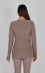 Heathered mocha long sleeve maternity top with a fitted silhouette and crew neckline.