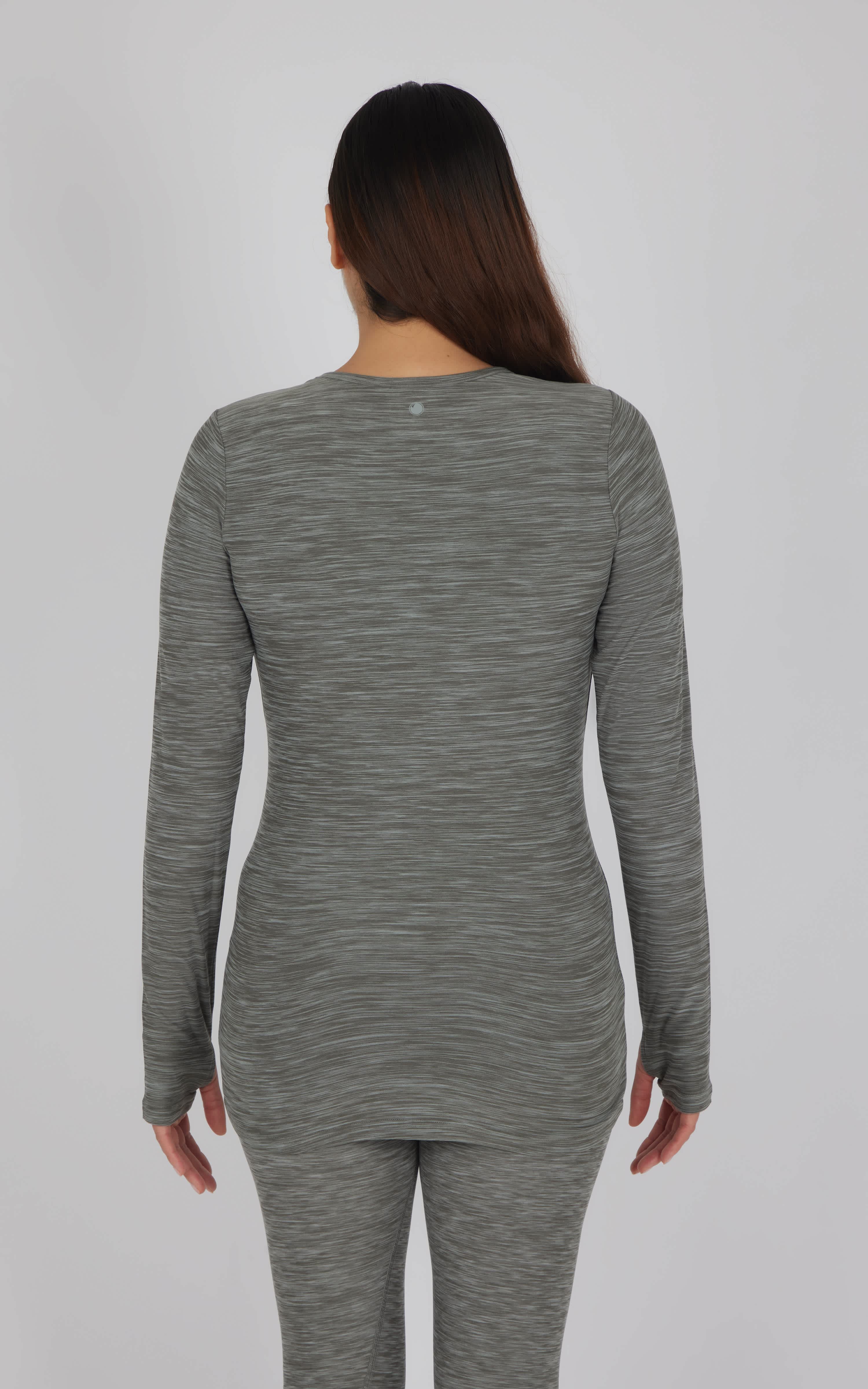 Heather asphalt maternity long sleeve top with thumbholes, soft fitted fabric.