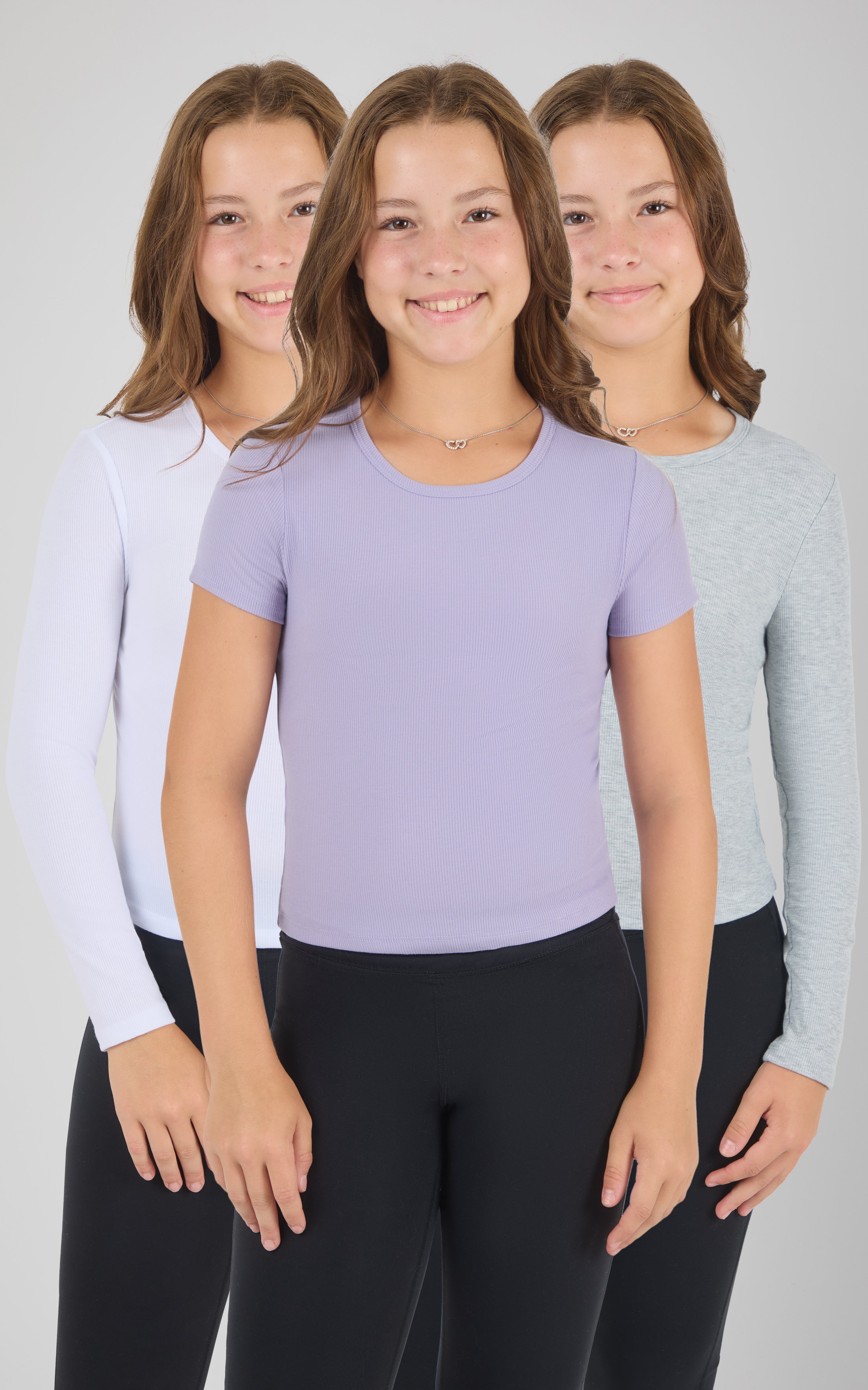 Girls Heavenly Rib Bloom Crew Short Sleeve Tee + Long Sleeve Top 3 Pack - 90 Degree by Reflex