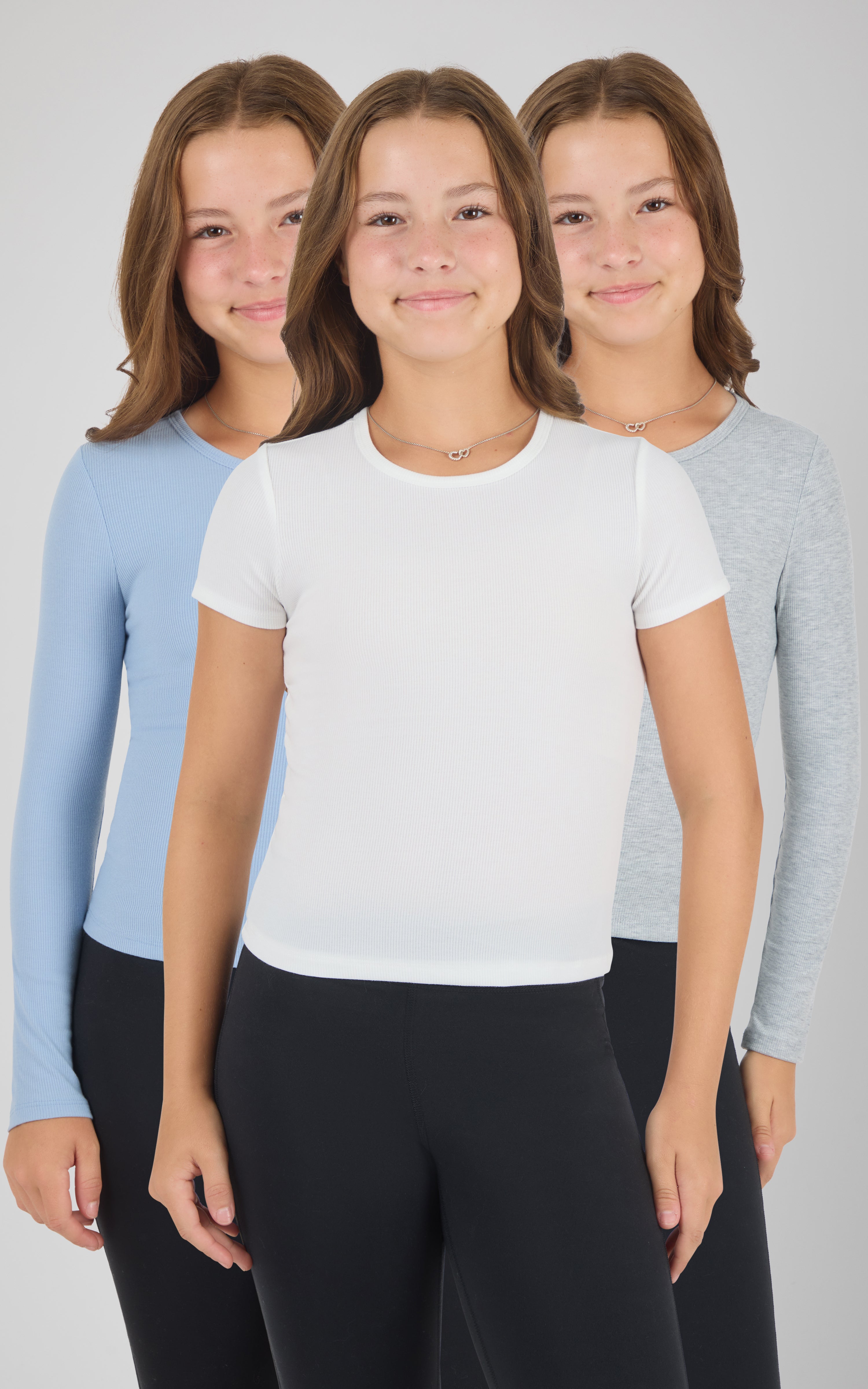 Girls Heavenly Rib Bloom Crew Short Sleeve Tee + Long Sleeve Top 3 Pack - 90 Degree by Reflex