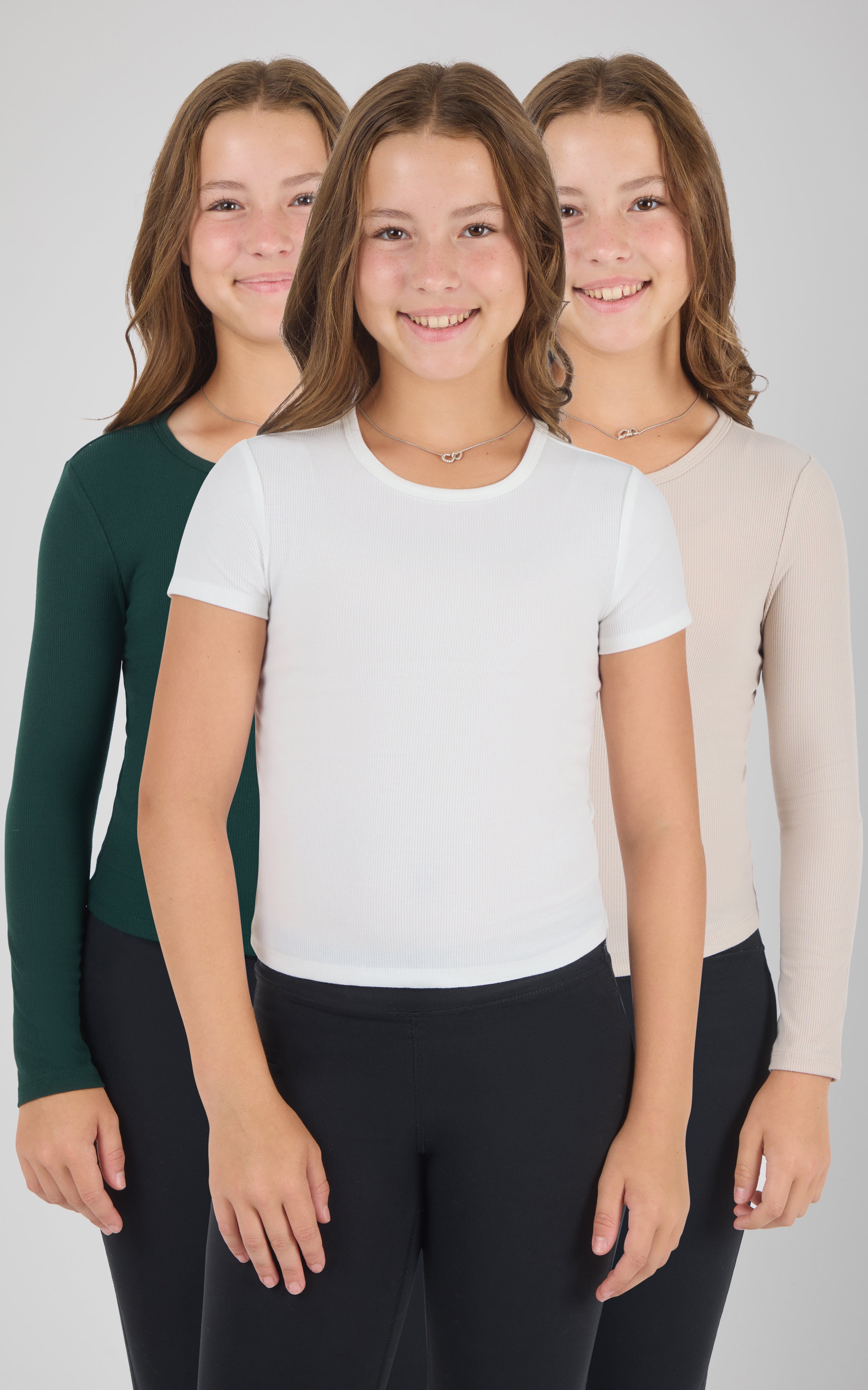 Girls Heavenly Rib Bloom Crew Short Sleeve Tee + Long Sleeve Top 3 Pack - 90 Degree by Reflex