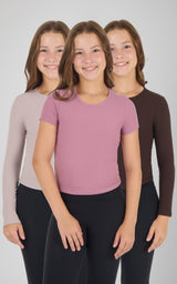 Girls Heavenly Rib Bloom Crew Short Sleeve Tee + Long Sleeve Top 3 Pack - 90 Degree by Reflex