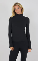 Black mock neck long sleeve top with slim fit and thumbholes on sleeves.
