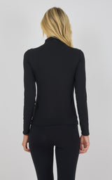 Black mock neck long sleeve top with slim fit, shown from the back on a model.