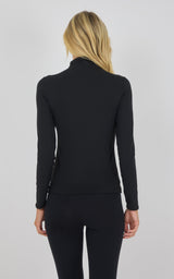 Black mock neck long sleeve top with fitted silhouette shown from the back.