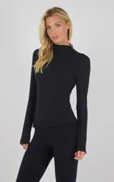 Black long sleeve mock neck top with slim fit and thumbhole cuffs.