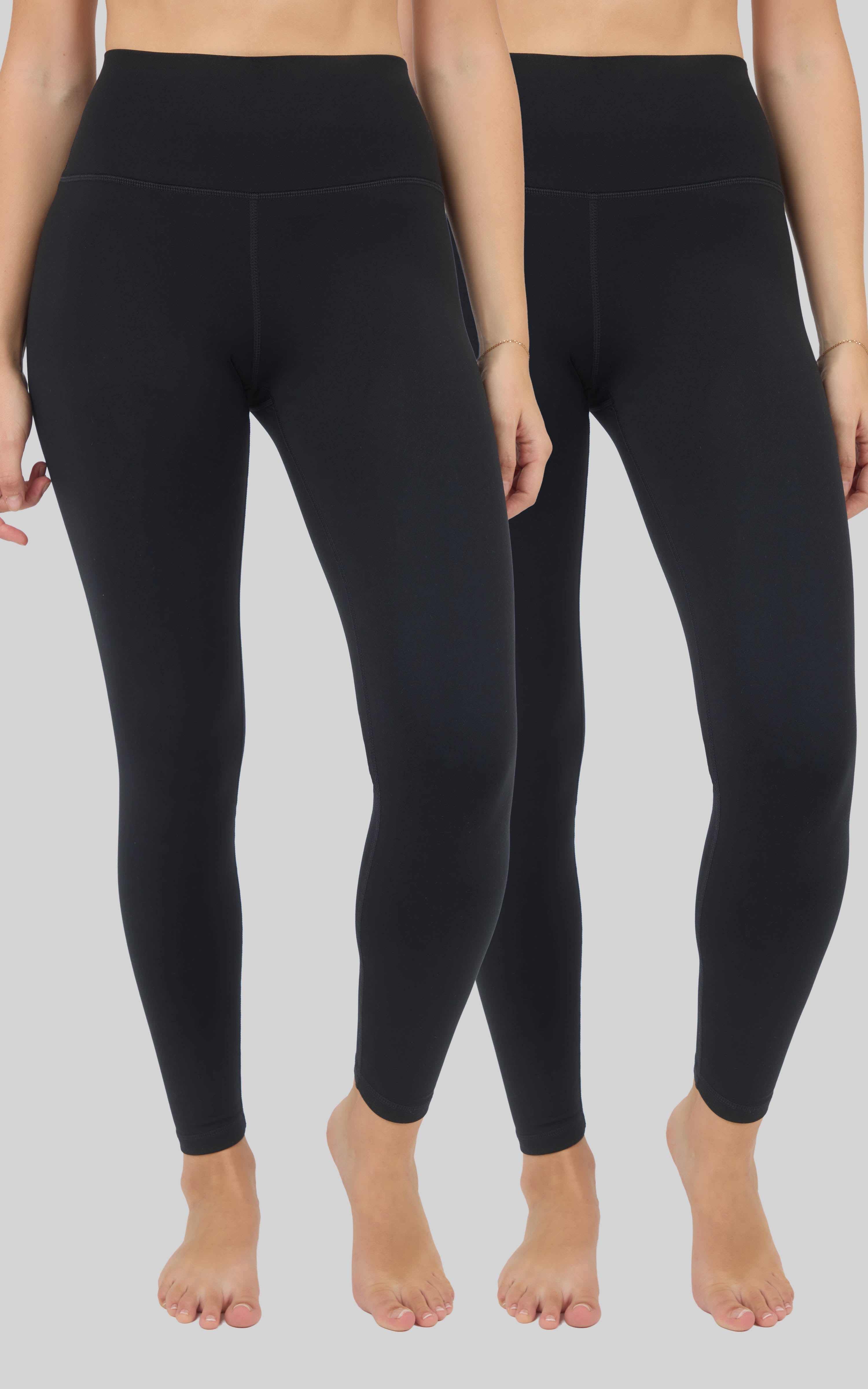Two pairs of black high-rise full-length leggings shown from the back, with smooth, close-fitting legs and ankle-length hems.