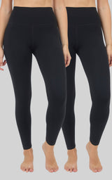 Two pairs of black high-rise full-length leggings shown from the back, with smooth, close-fitting legs and ankle-length hems.