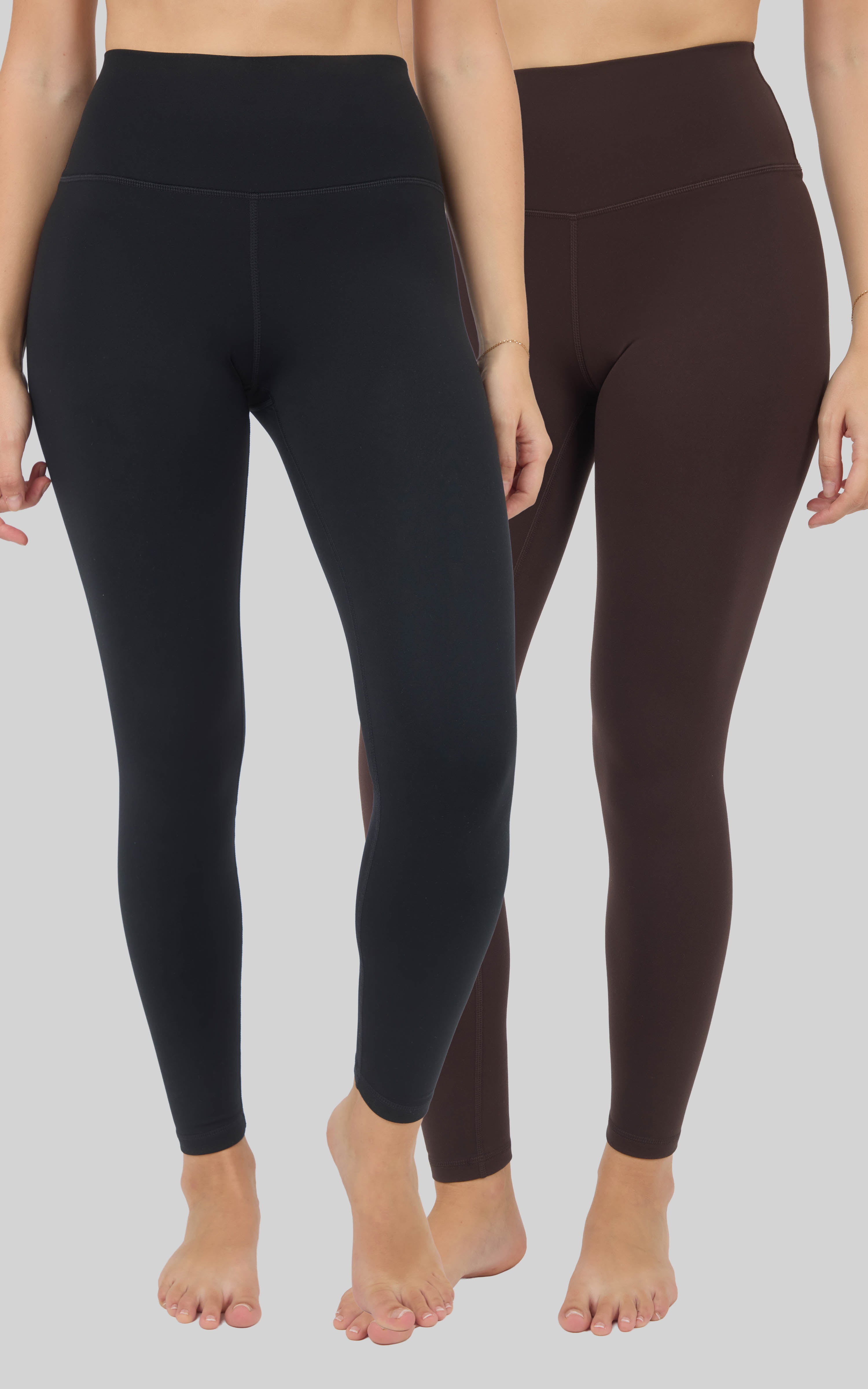 Two high-rise, full-length fleece-lined leggings in black and dark brown, shown fitted from waist to ankle.