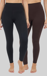 Two high-rise, full-length fleece-lined leggings in black and dark brown, shown fitted from waist to ankle.