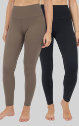 Two full-length, high-rise fleece-lined leggings in taupe and black, shown fitted on models with smooth stretch fabric and.