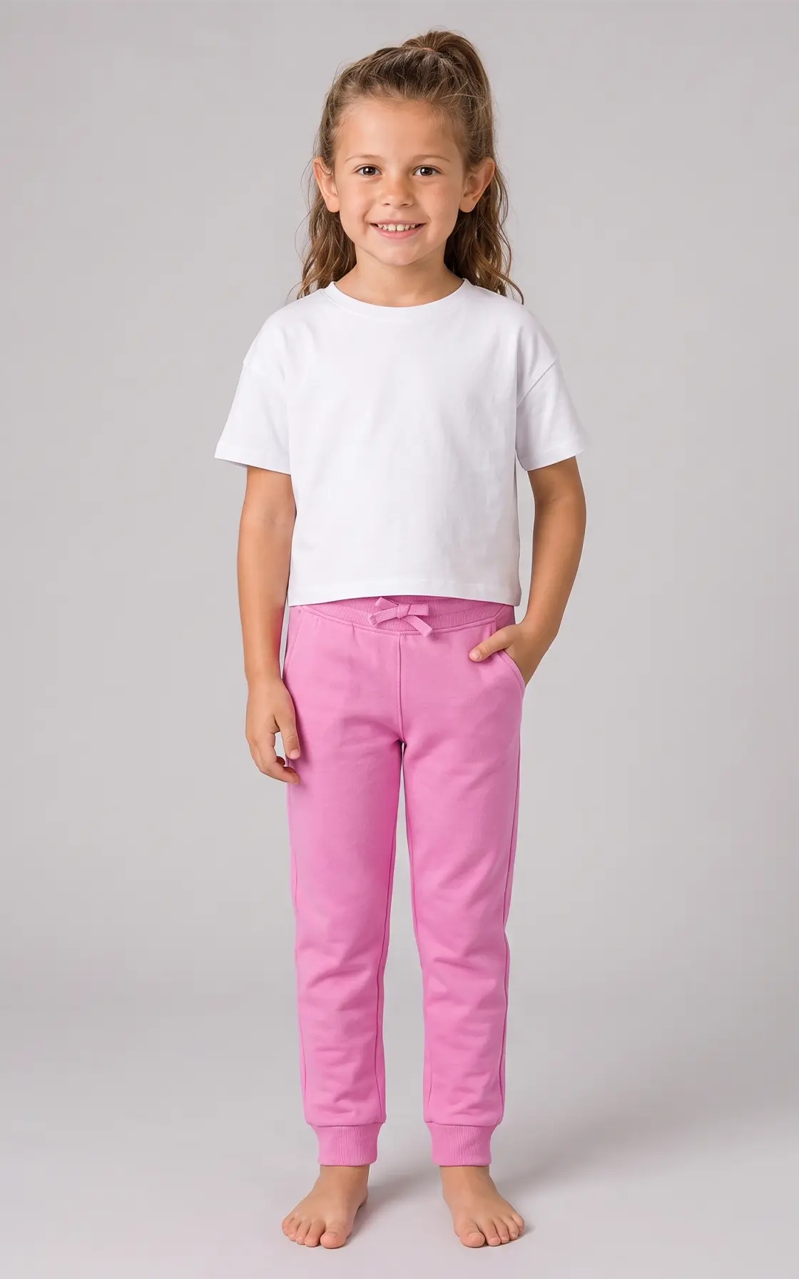 Girls moonlite mauve Softlite jogger pants with elastic waistband and side pockets.