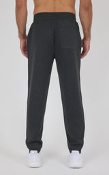 Men’s dark charcoal jogger pants with a relaxed fit, elastic cuffs, and a back patch pocket, shown from behind.