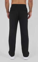 Men's black straight-leg pants with elastic waistband and back patch pockets, casual fit.