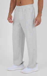 Light gray straight-leg pants with a soft, relaxed fit and elastic waistband, worn with white shoes.