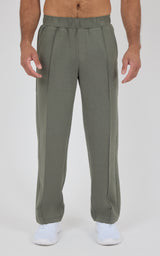 Men’s olive green straight-leg pants with an elastic waistband and side pockets, made from soft lightweight fabric.