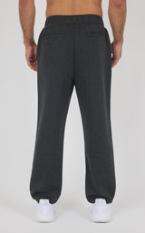 Dark gray soft fabric jogger pants with elastic waistband and cuffs, relaxed fit on model viewed from back.