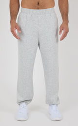 Light gray jogger pants with elastic waistband and side pockets, tapered legs, soft cotton blend fabric.