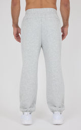 Light gray men's jogger pants with elastic waistband and cuffs, made of soft fabric, shown from the back.