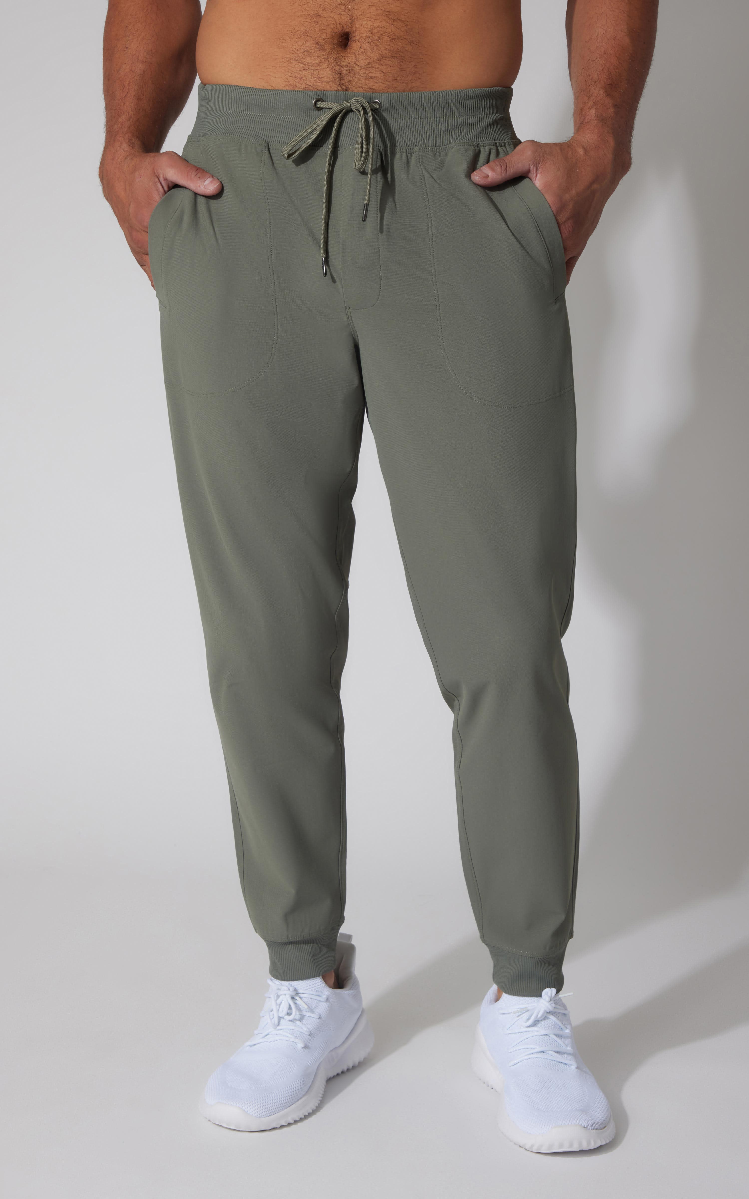 Men's jogger pants in mountain sage with drawstring waist and tapered ankle cuffs.