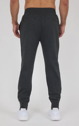 Dark gray jogger pants with elastic waistband and cuffs, two back pockets, worn by a male model from behind.