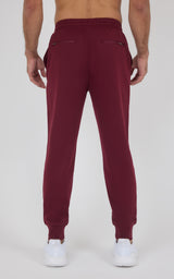 Maroon slim-fit jogger pants with elastic cuffs, rear zip pockets, and smooth soft fabric worn by male model viewed from.