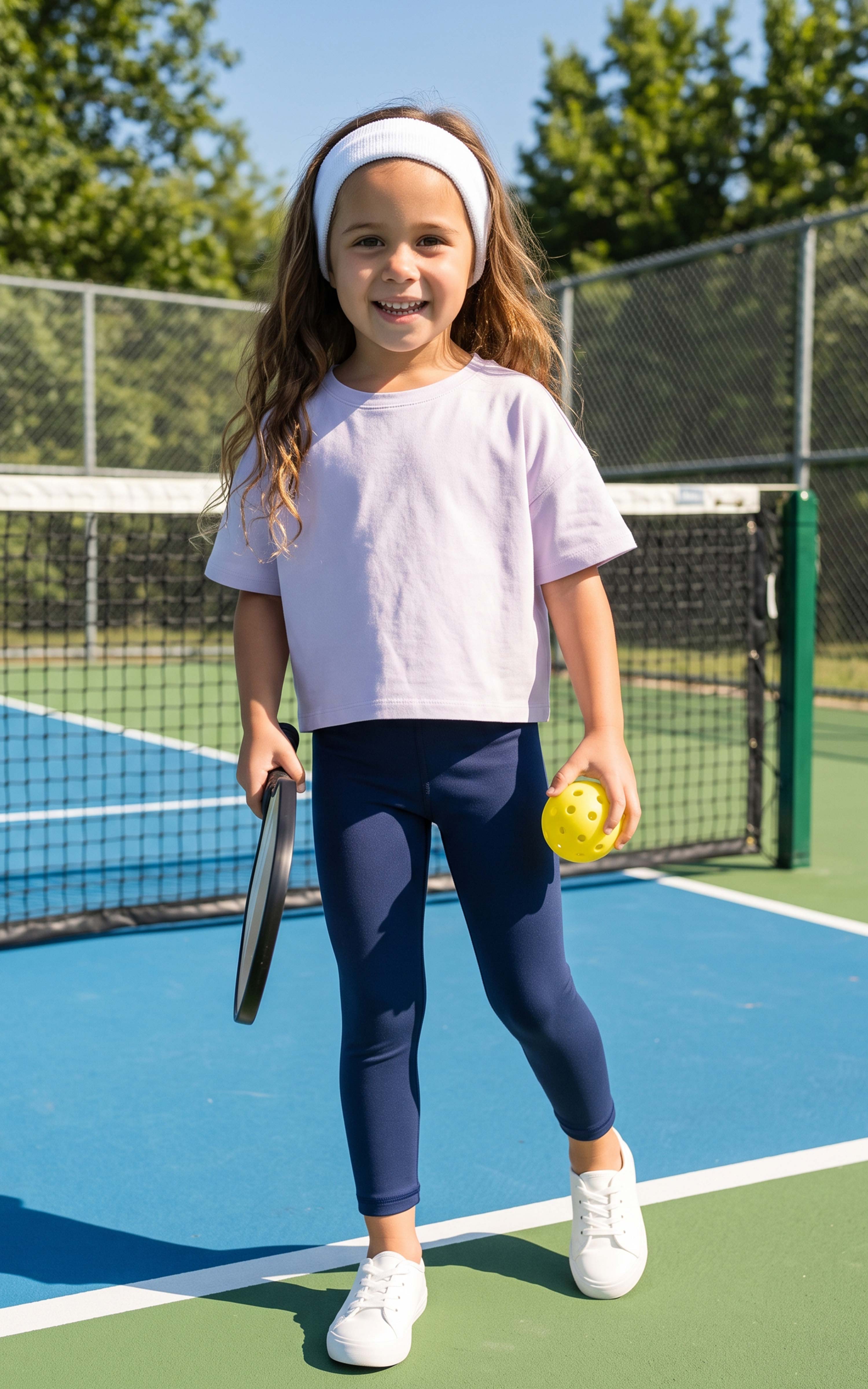 Toddler girl wearing navy leggings and a lavender tee on a tennis court, holding a racket and ball.