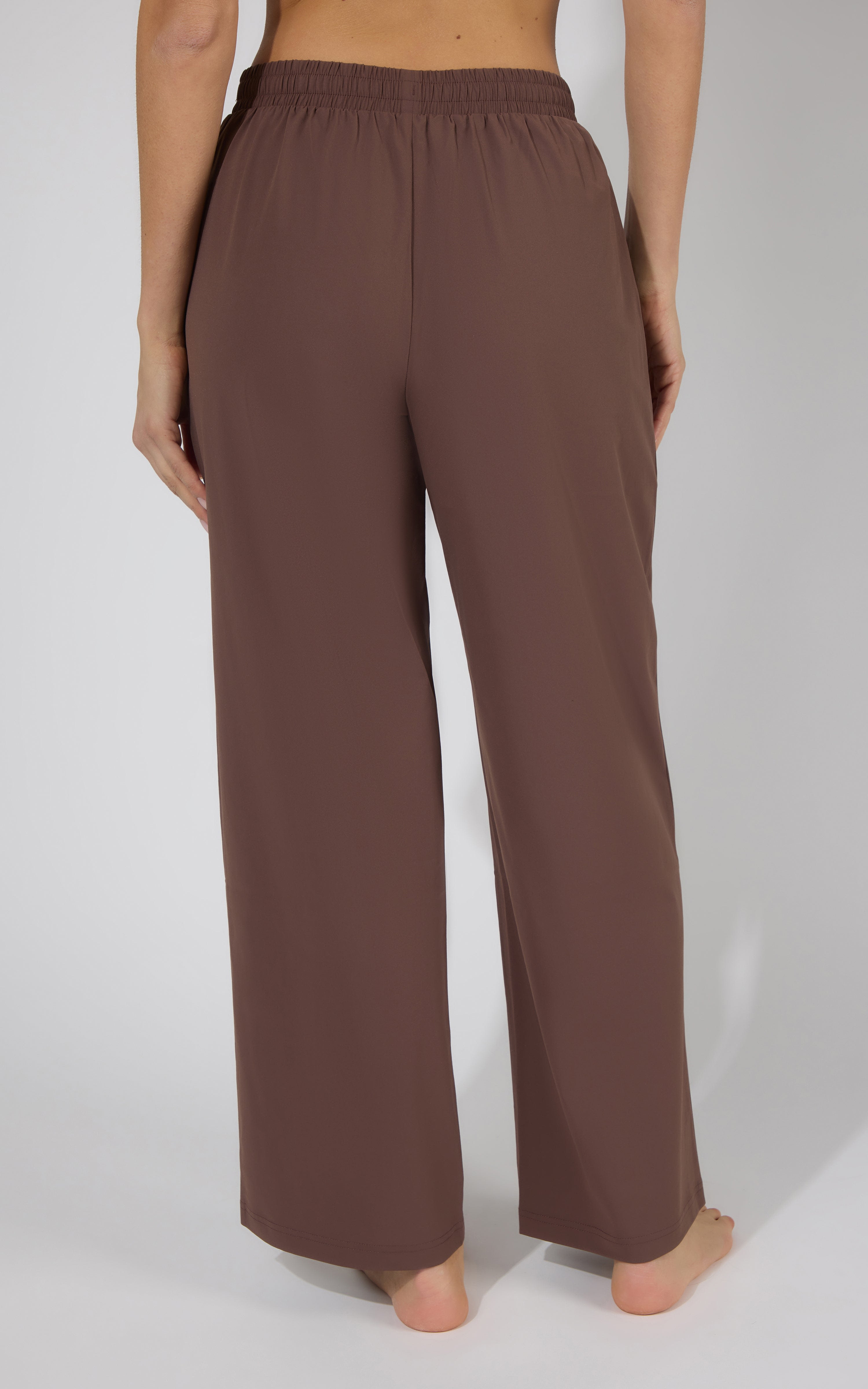 Classic brown wide-leg pleated trouser pants with an elastic waistband, back view.