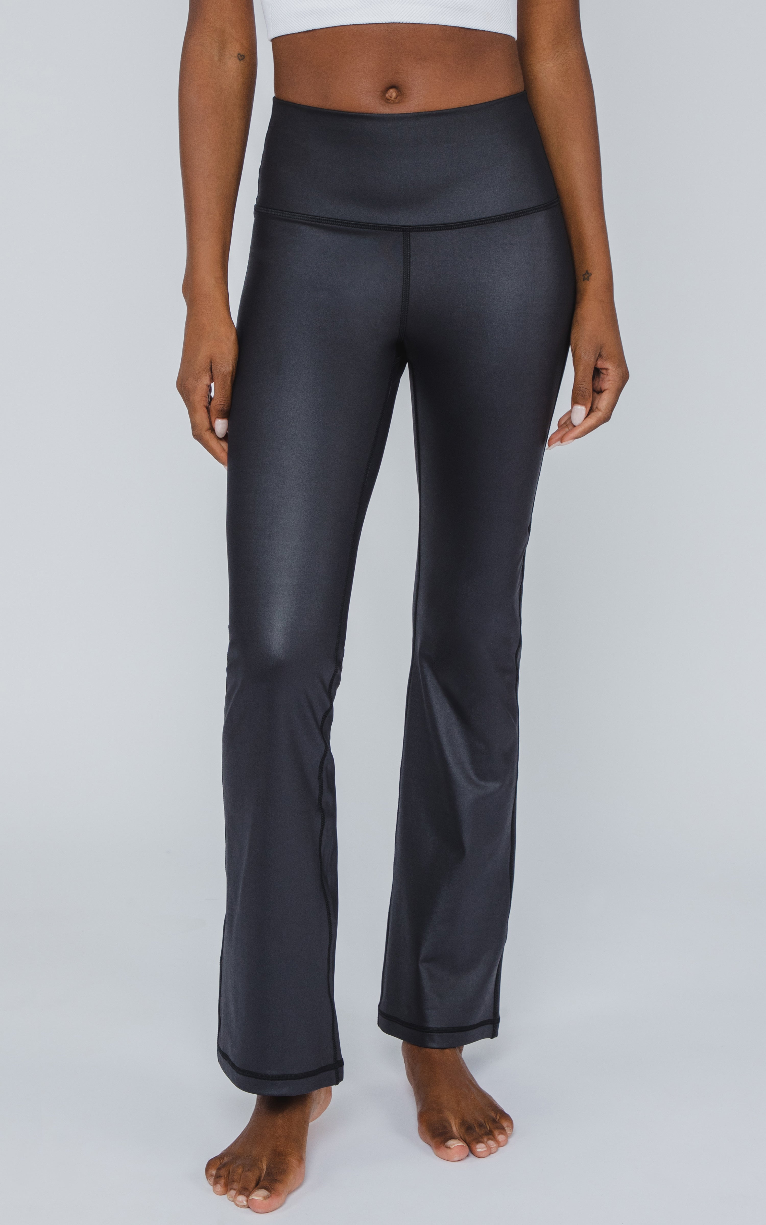 Interlink Faux Leather Elastic Free High Waist V-Back Cire Flare Leg Yoga Pant - Our Earthy Story