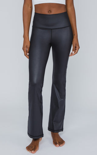 Interlink Faux Leather Elastic Free High Waist V-Back Cire Flare Leg Yoga Pant - Our Earthy Story