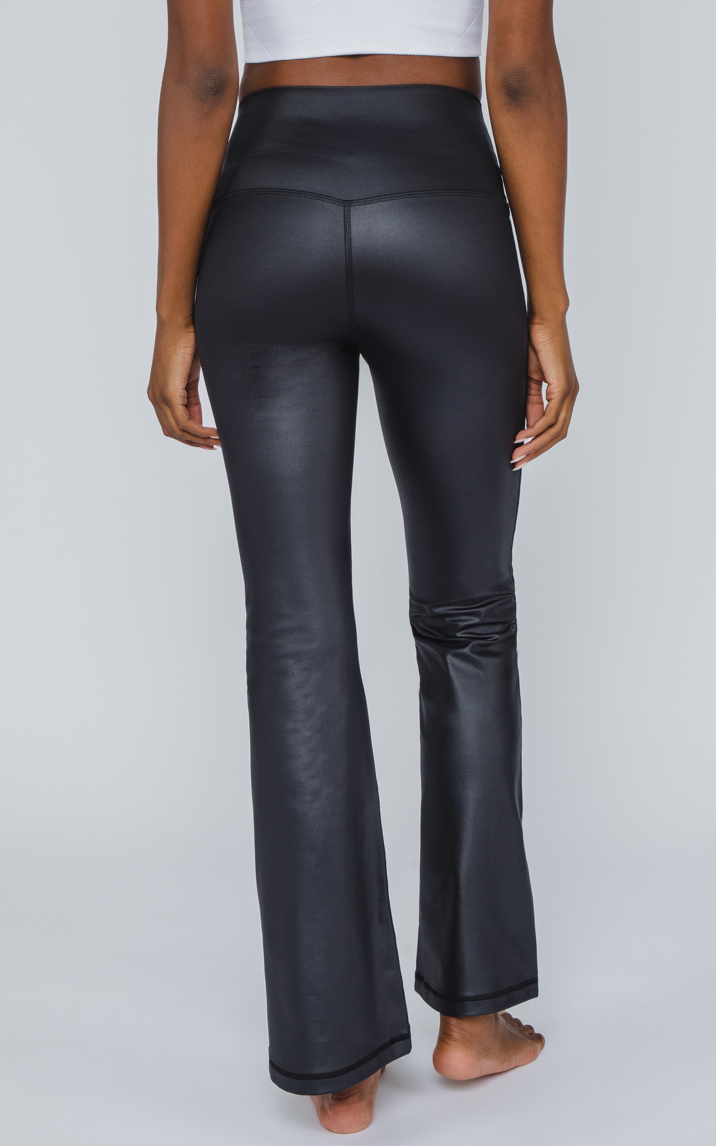Interlink Faux Leather Elastic Free High Waist V-Back Cire Flare Leg Yoga Pant - Our Earthy Story