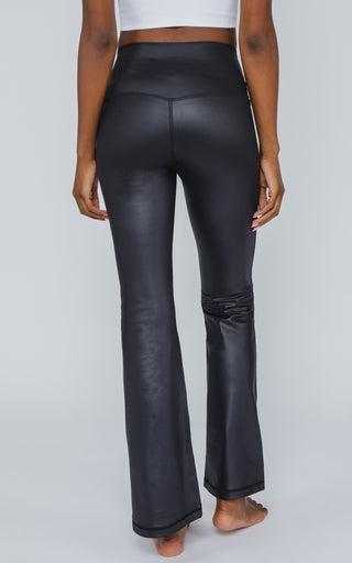 Interlink Faux Leather Elastic Free High Waist V-Back Cire Flare Leg Yoga Pant - Our Earthy Story