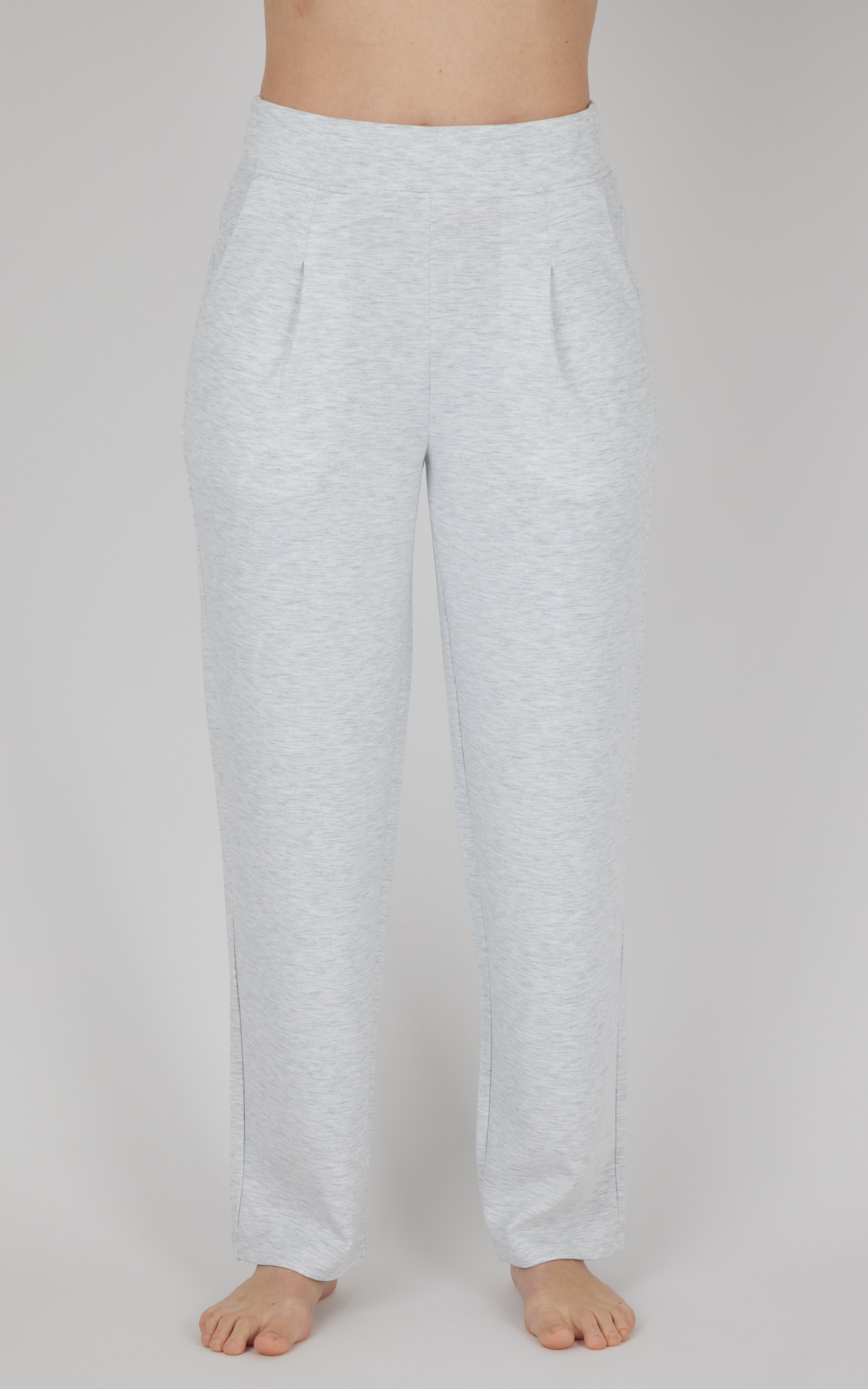 Light grey straight-leg lounge pants with pintuck details and front pockets, soft fabric.