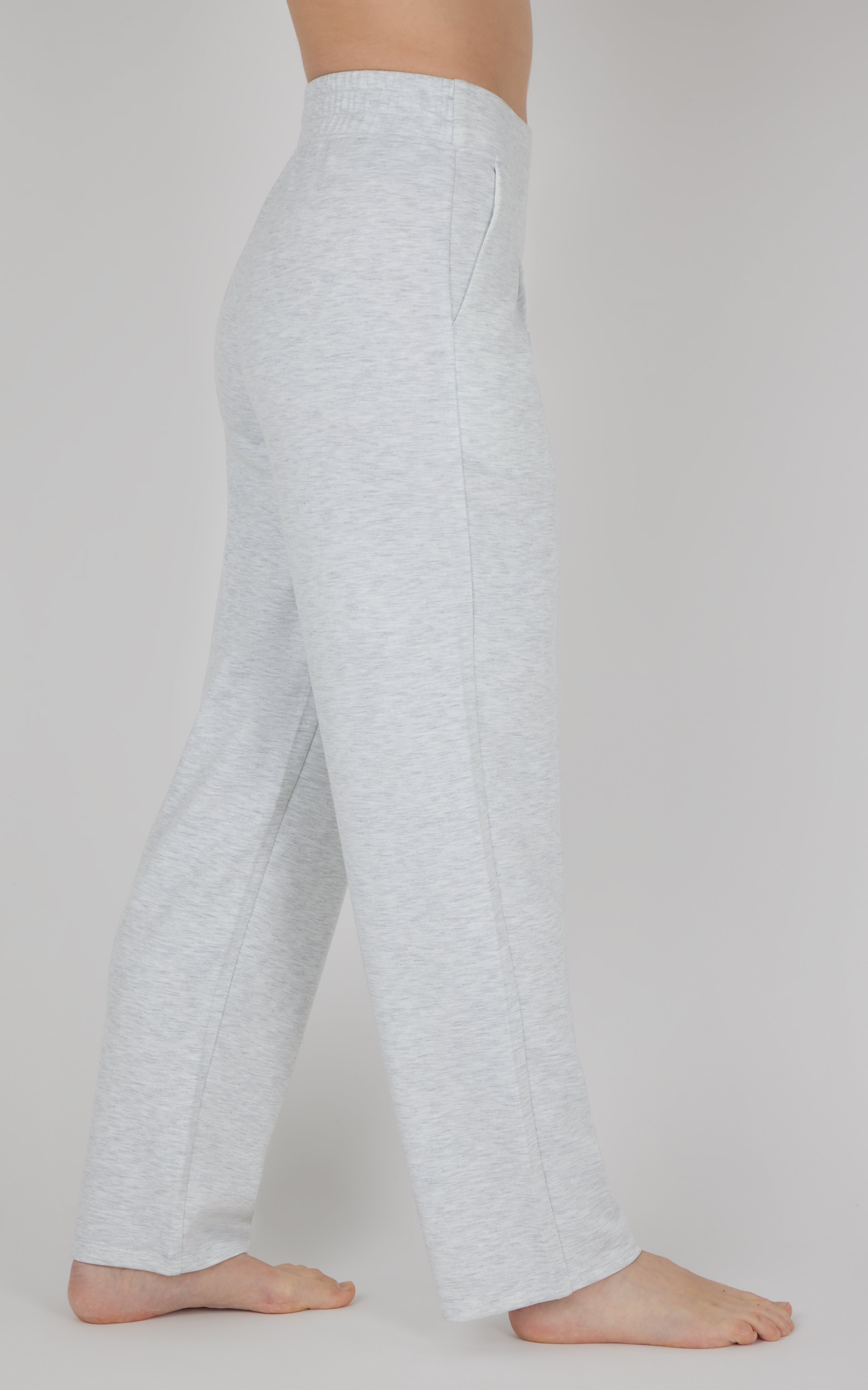 Light gray straight-leg lounge pants with a soft, smooth fabric and a relaxed fit.