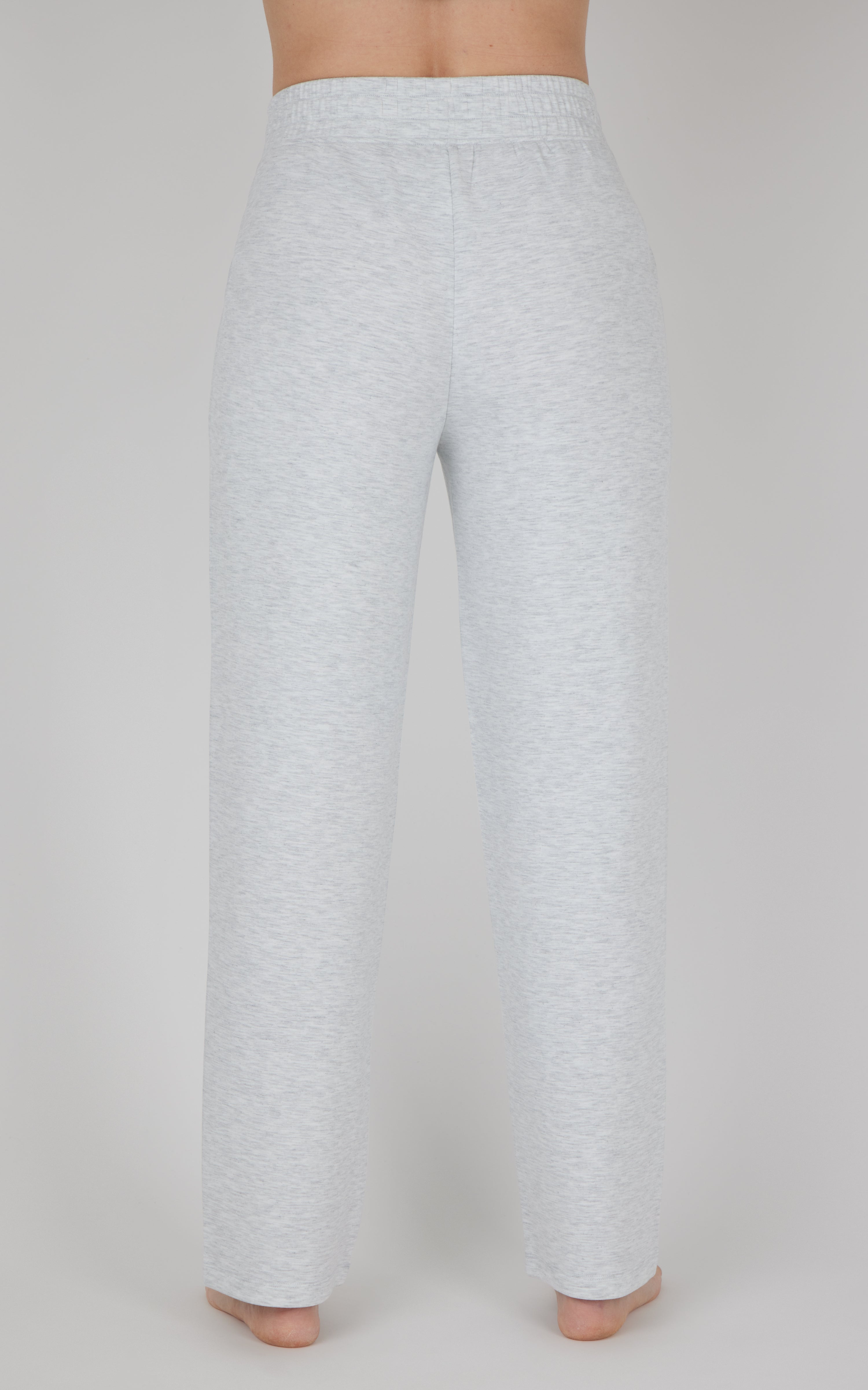 Heather grey Softlite straight leg lounge pants with elastic waistband and subtle pintuck detailing.
