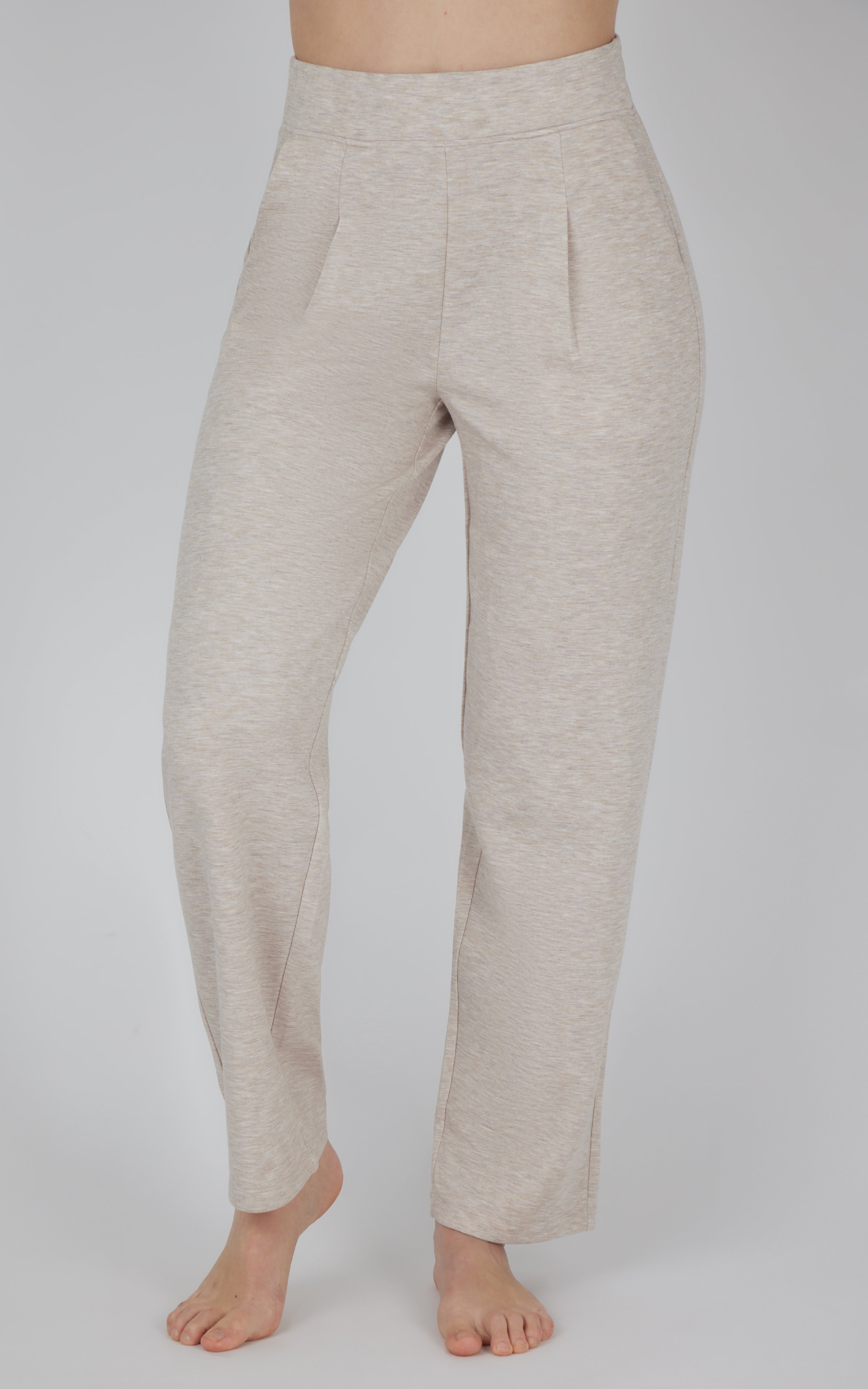 Heather nacreous cloud straight leg softlite pants with pintuck detail and elastic waist.