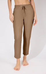 Straight leg pants in warm chocolate brown with a drawstring waist and cropped hem.