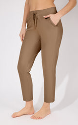 Straight leg chocolate brown pants with drawstring waist and side pockets.