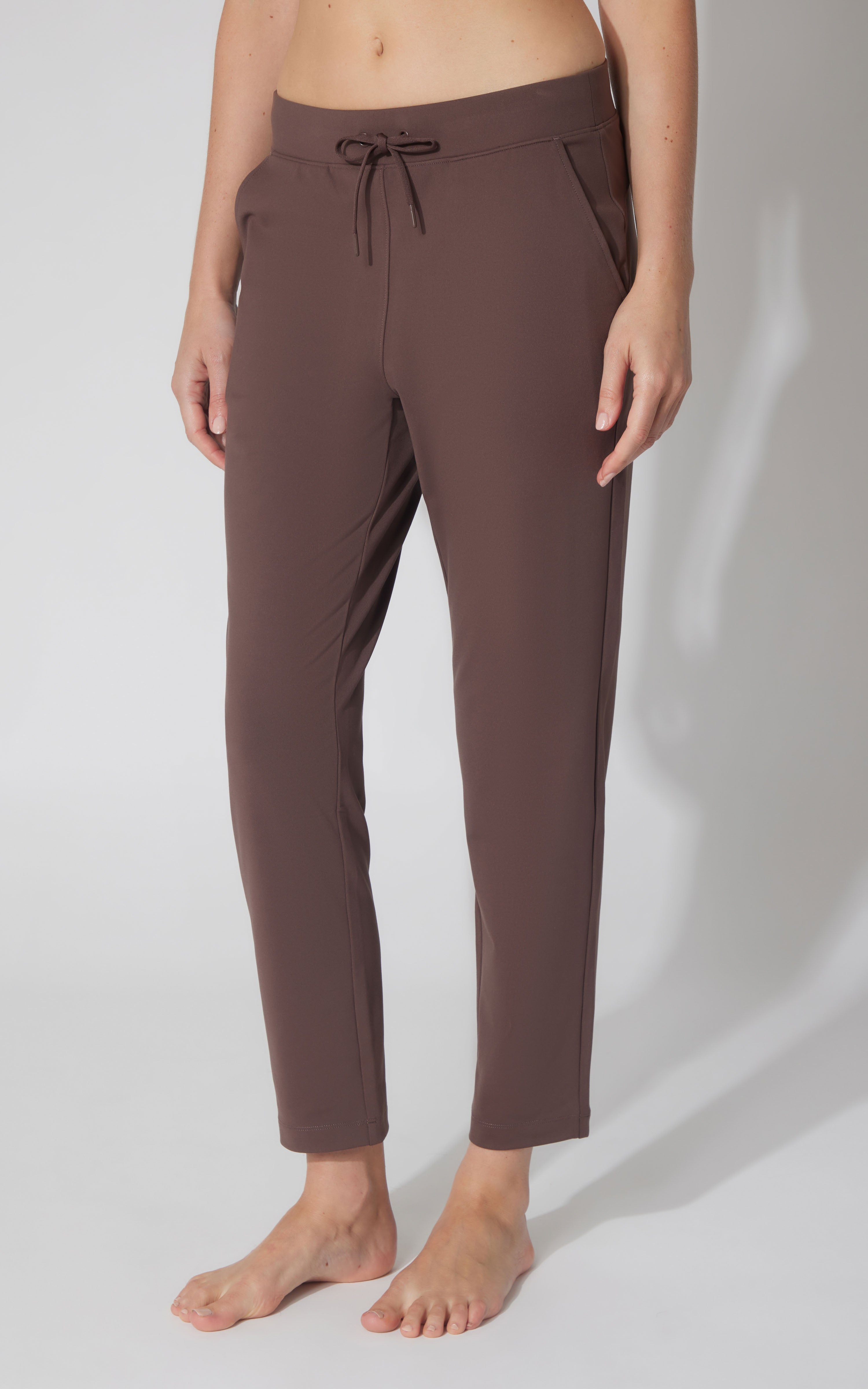 Straight leg pants in rich chocolate torte with adjustable drawstring waist and front pockets.
