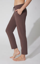 Chocolate brown straight leg pants with side pockets and drawstring waist.