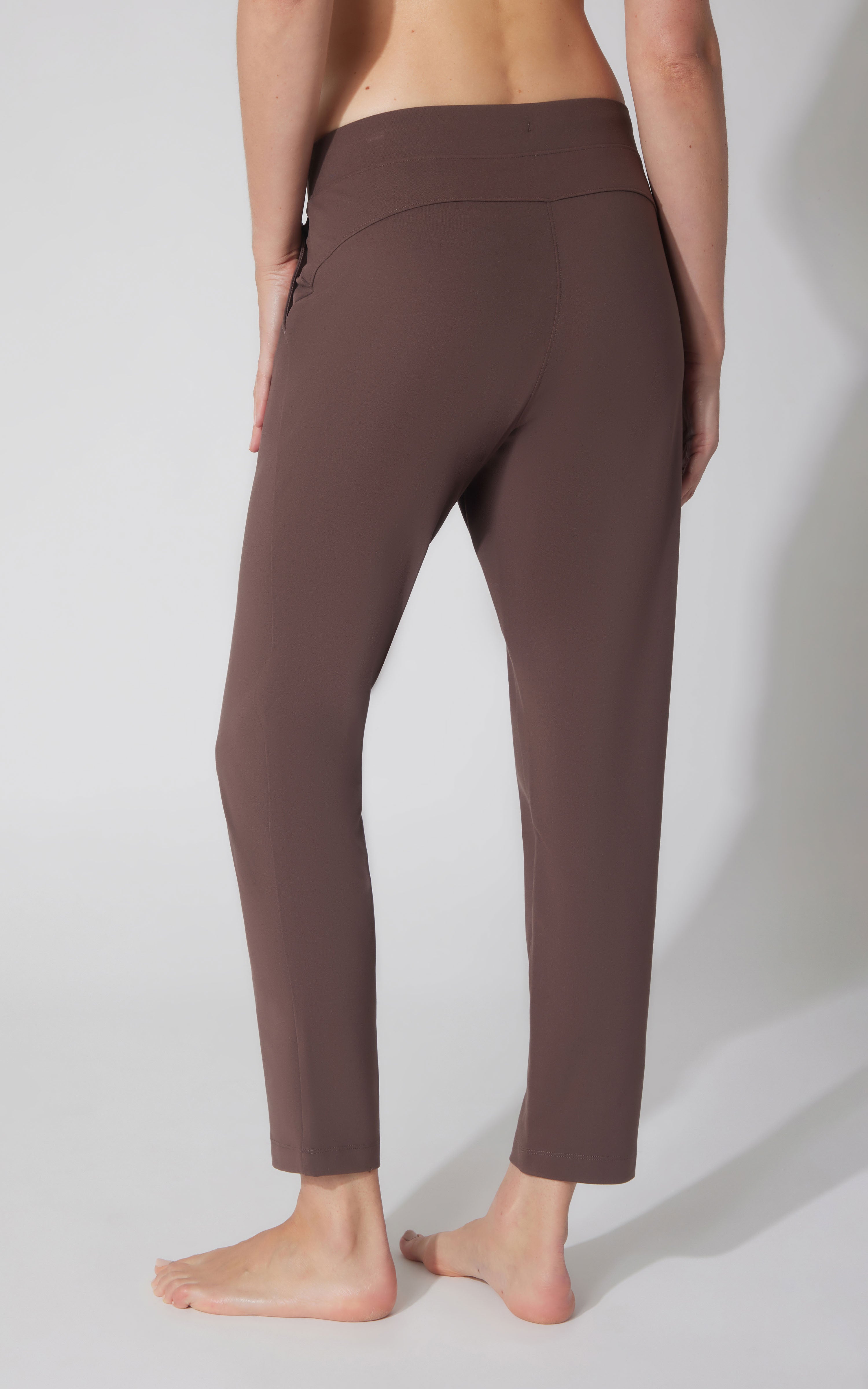 Straight-leg pants in chocolate torte brown with a high waistband and smooth fabric finish.