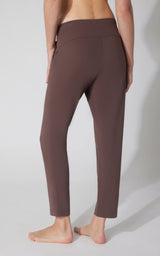 Straight-leg pants in chocolate torte brown with a high waistband and smooth fabric finish.