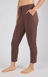 Straight leg pants in rich chocolate brown with a drawstring waist and side pockets.