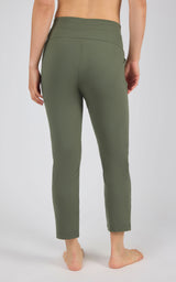 Women's olive green straight leg pants with high waistband and cropped length.