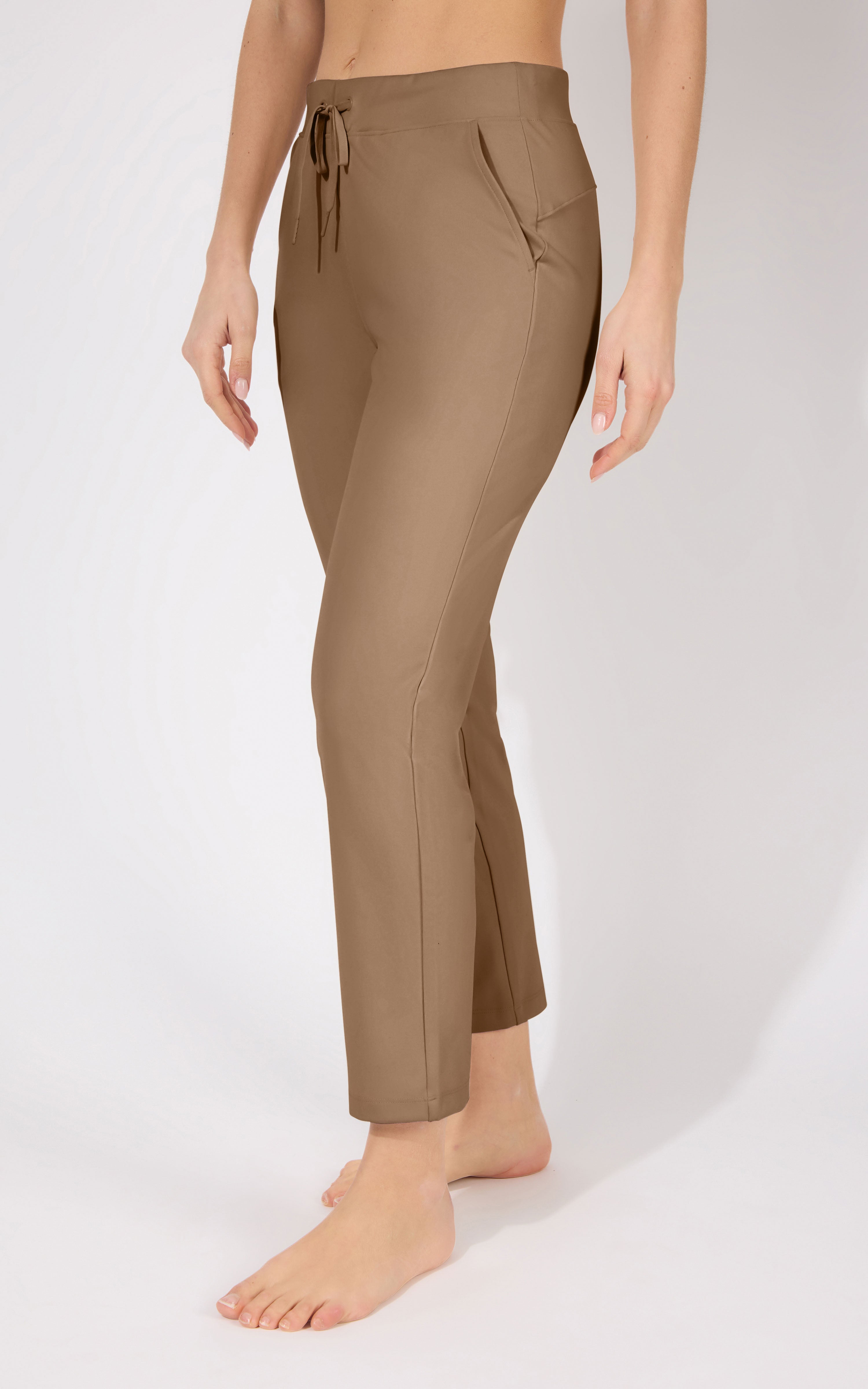Straight-leg pants in chocolate brown with side flap pockets and drawstring waist.