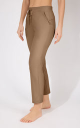 Straight-leg pants in chocolate brown with side flap pockets and drawstring waist.