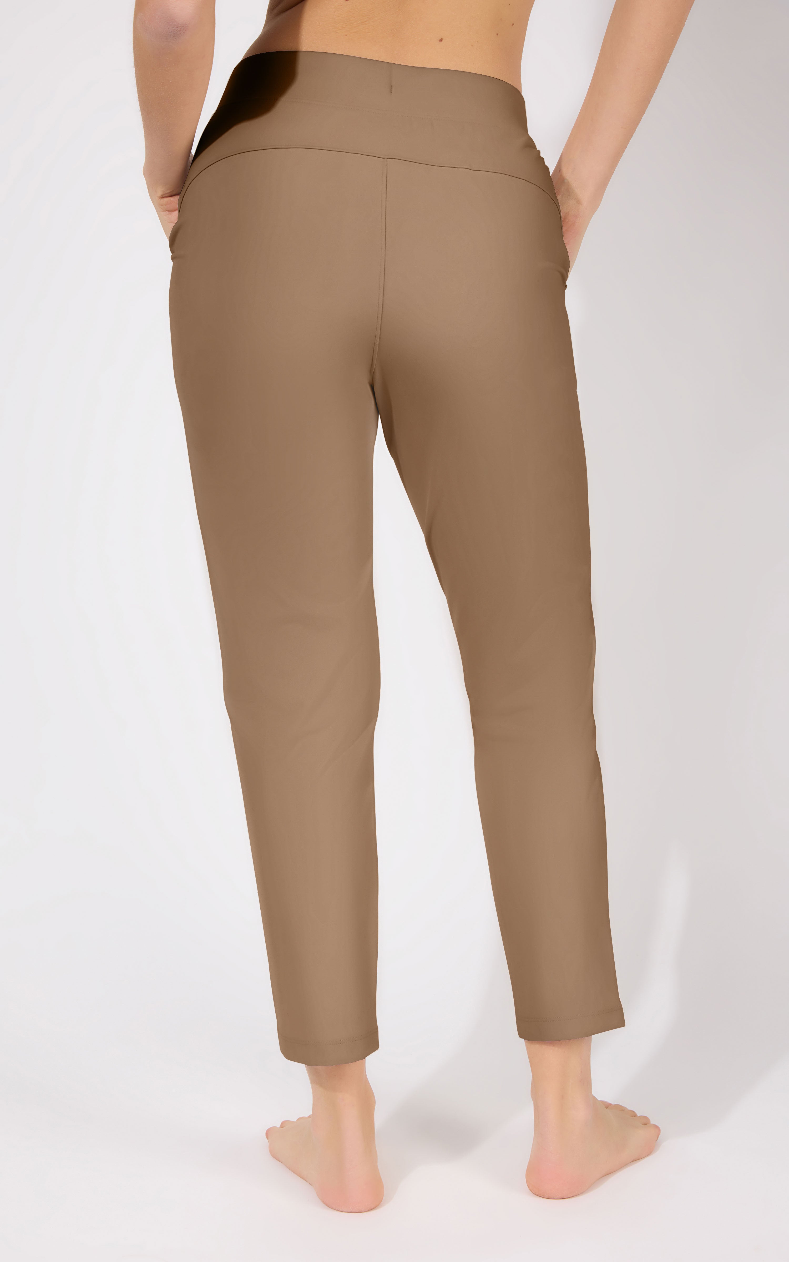 Women's straight leg pants in smooth chocolate brown with a fitted waistband and back seam detailing.