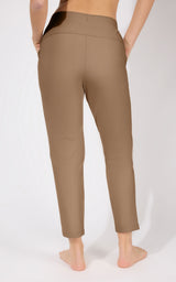 Women's straight leg pants in smooth chocolate brown with a fitted waistband and back seam detailing.