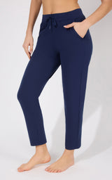 Women's straight leg navy blue Lux Avenue pants with drawstring waist and side pockets.