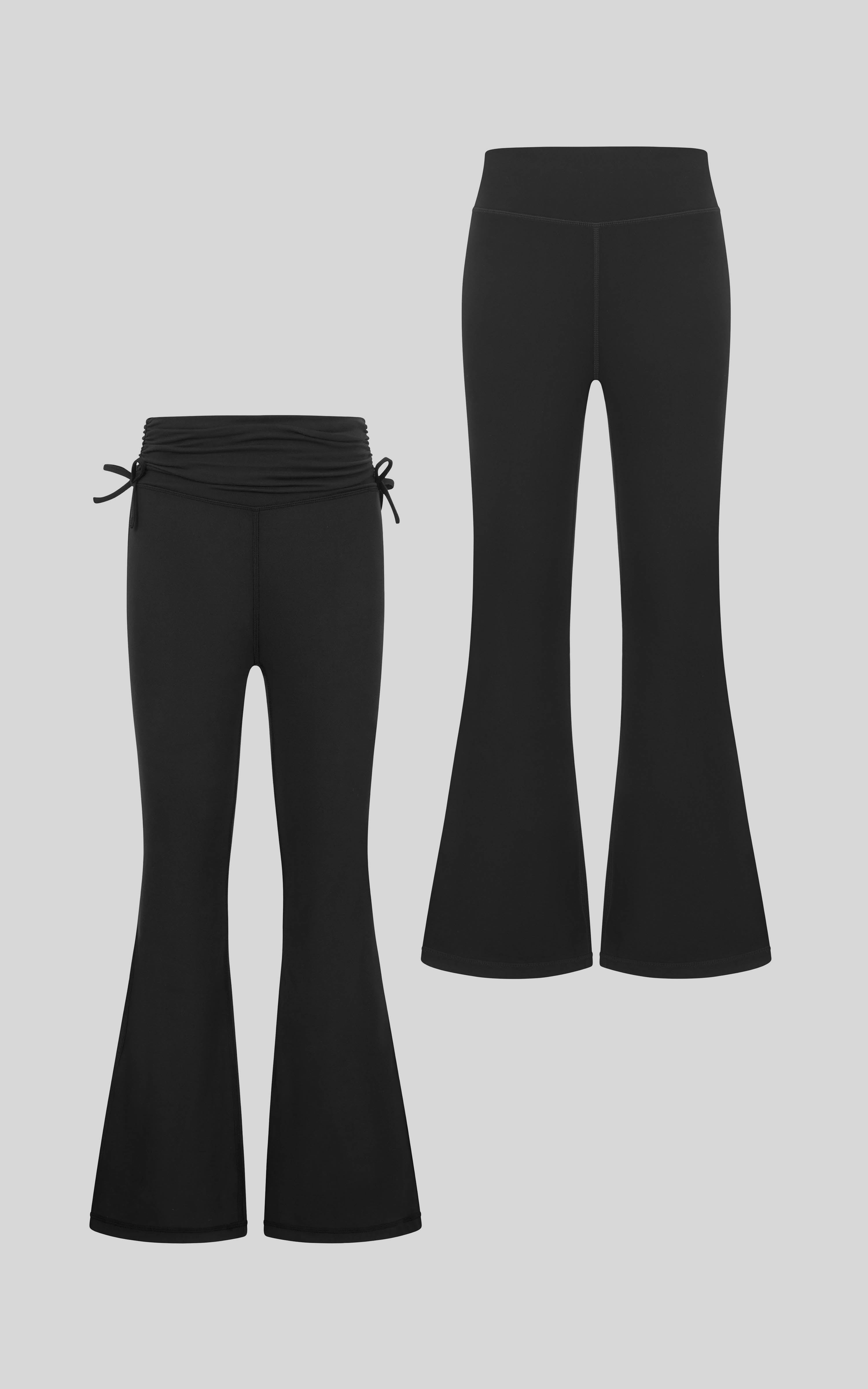 Girls 2 PK Jerseytek Azurae Ruched Waist Flare Pants - BLACK-BLACK
